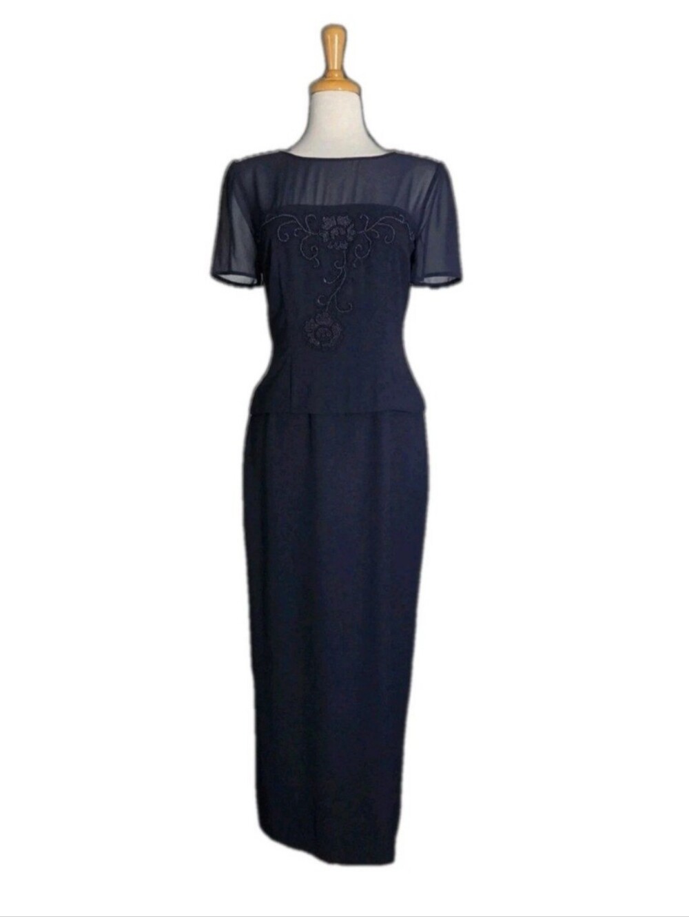 90s Vintage Donna Morgan Navy Blue Floral Beaded Midi Dress Women's Size 6
